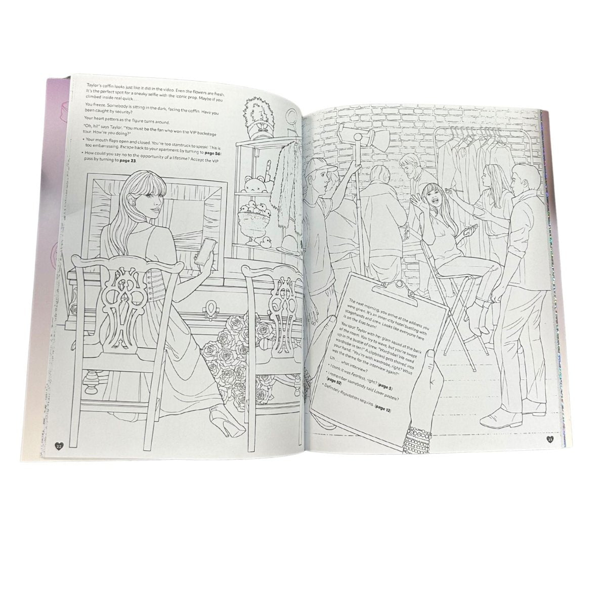 Pages of Taylor Swift Coloring Book sitting on white background.