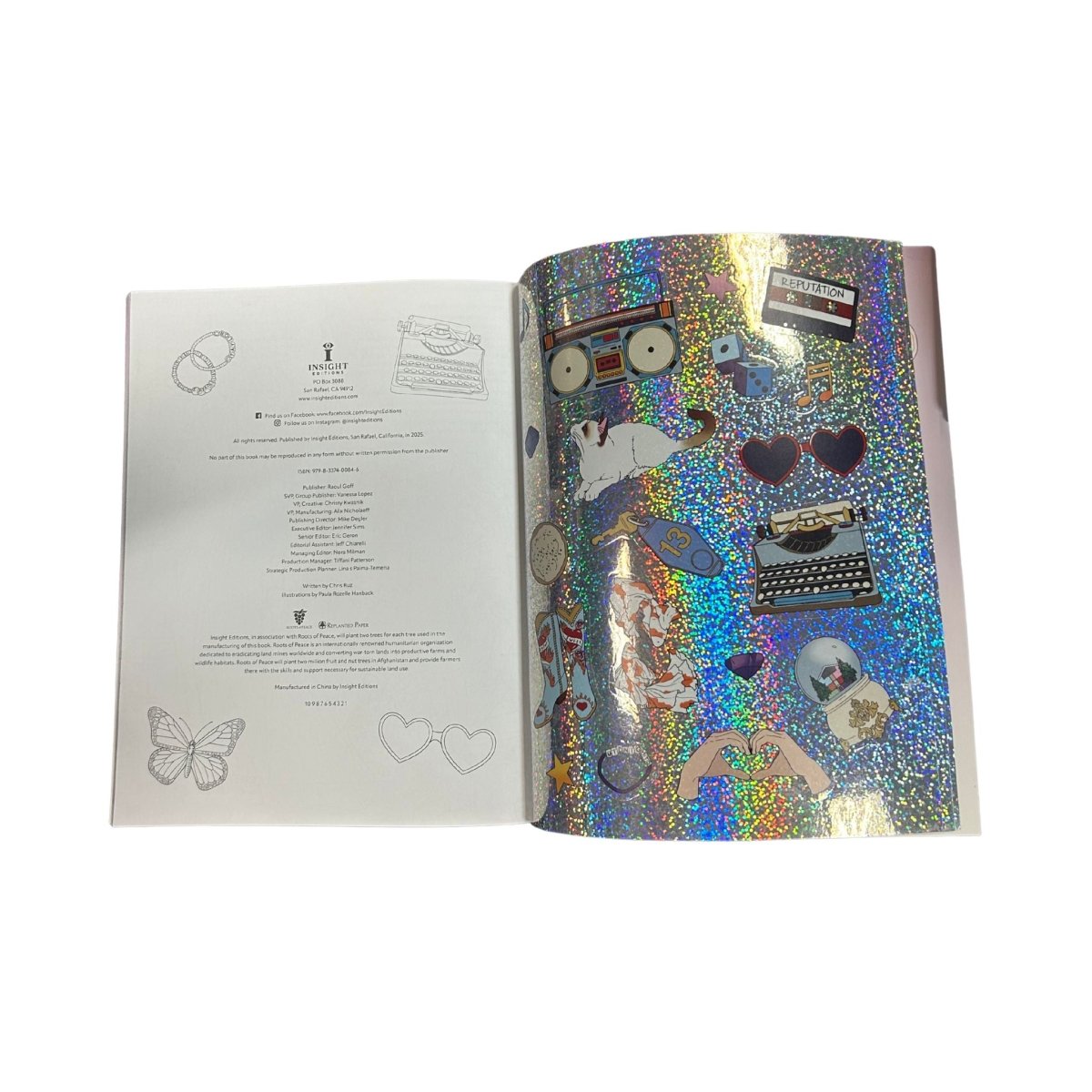 Open Taylor Swift Coloring book with one page showing text and the other with colorful holographic stickers.