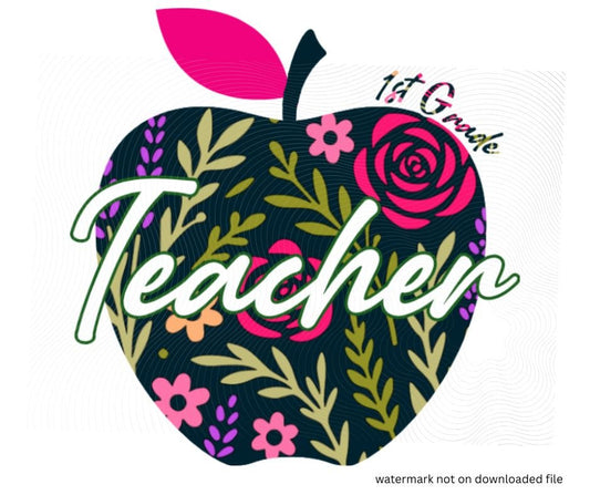digital image of Navy floral apple with teacher in white text across front and 1st grade in navy floral print above. Little Gift Nook