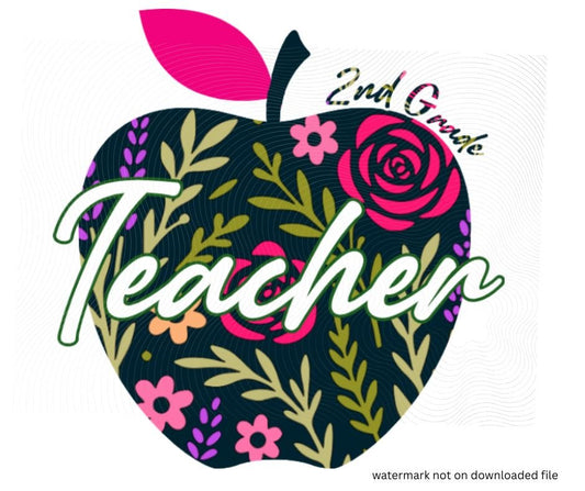 digital image of Navy floral apple with teacher in white text across front and 2nd grade in navy floral print above. Little Gift Nook