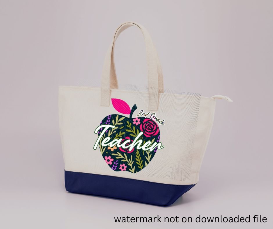 tote bag with navy floral apple 3rd grade teacher image on front.