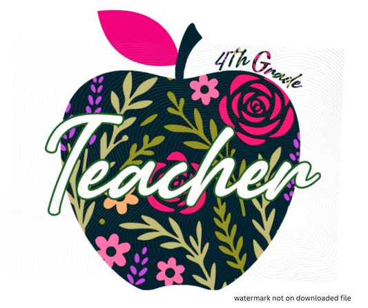 digital image of Navy floral apple with teacher in white text across front and 4th grade in navy floral print above. Little Gift Nook