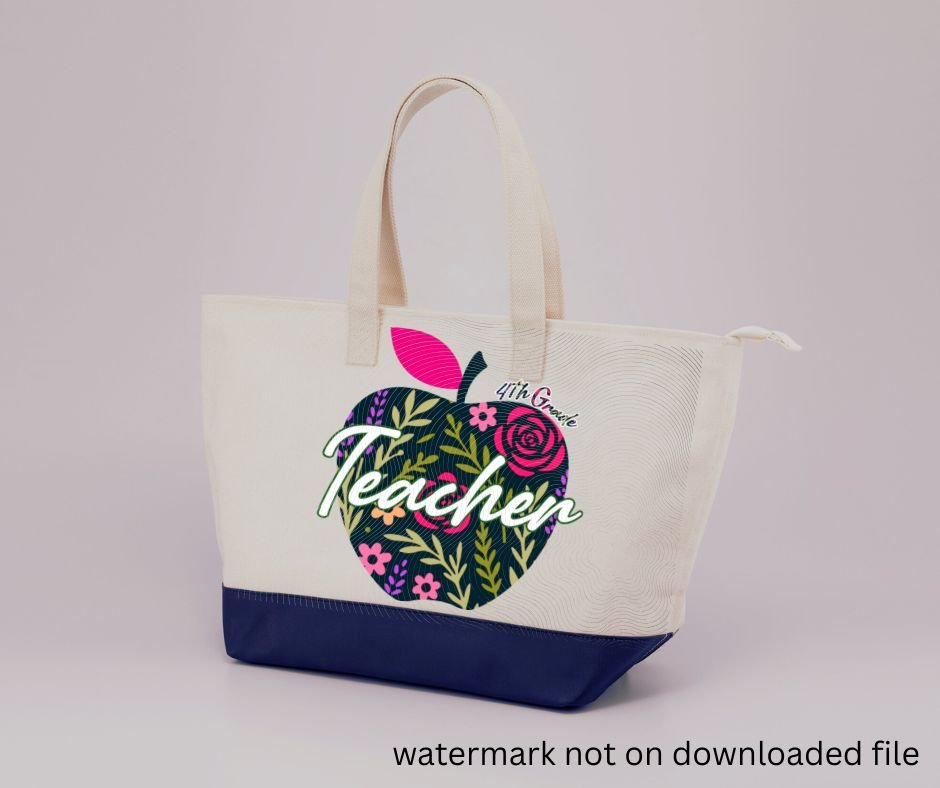 tote bag with navy floral apple 4th grade teacher image on front.
