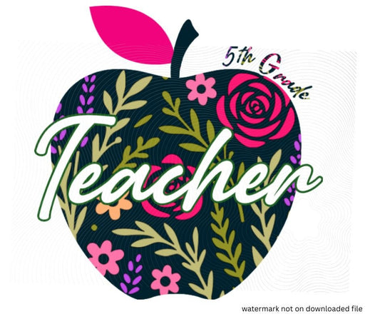 digital image of Navy floral apple with teacher in white text across front and 5th grade in navy floral print above. Little Gift Nook