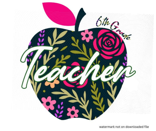 digital image of Navy floral apple with teacher in white text across front and 6th grade in navy floral print above. Little Gift Nook