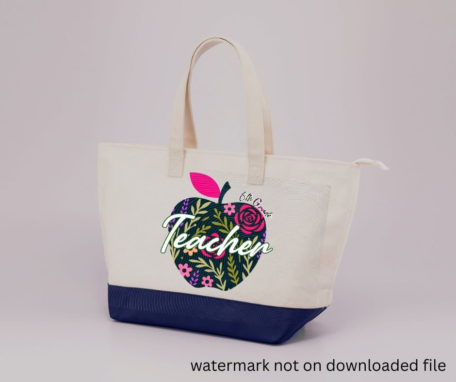 tote bag with navy floral apple 6th grade teacher image on front.