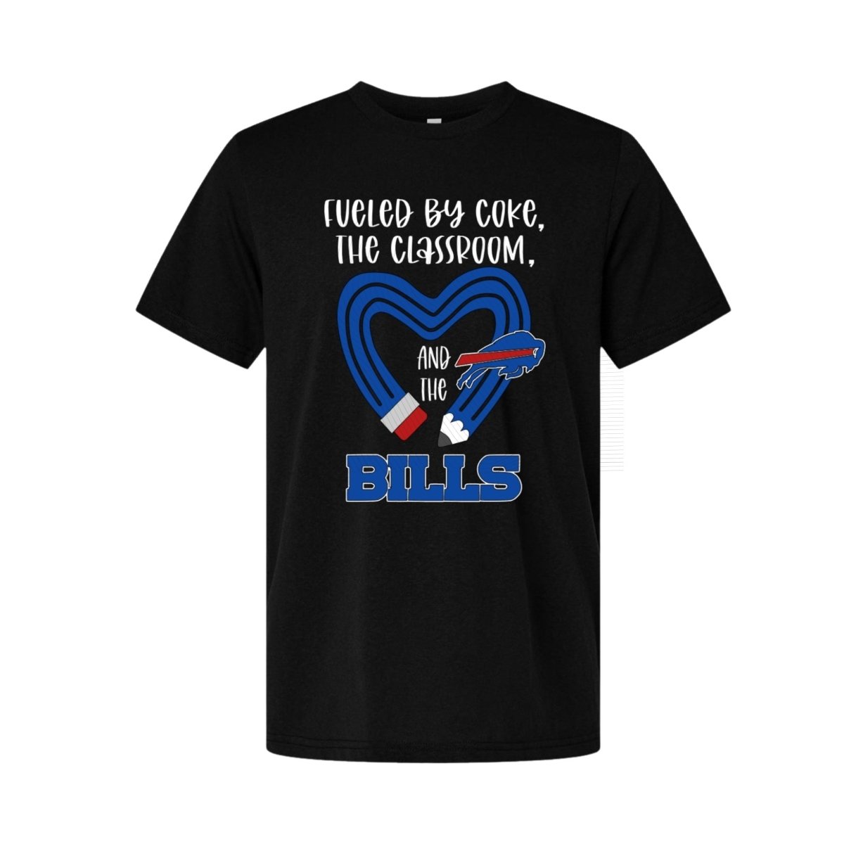 Black tshirt fueled by coke, the classroom, and Bills on front in blue and white. Little Gift Nook