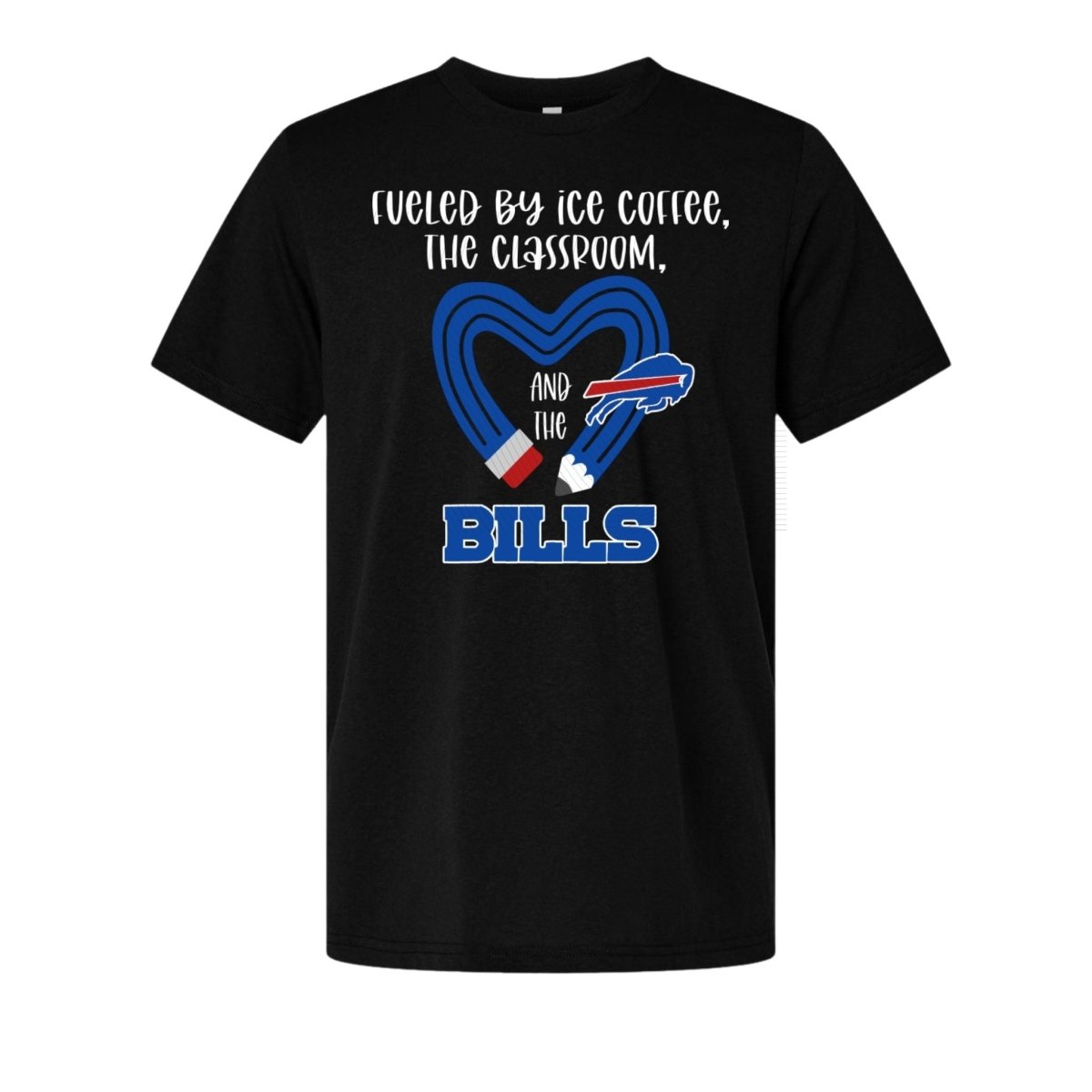 Black tshirt fueled by ice coffee, the classroom, and Bills on front in blue and white. Little Gift Nook