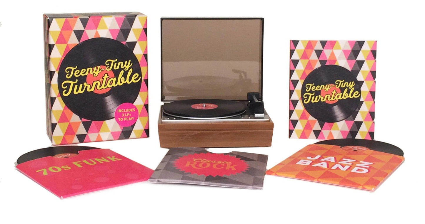 Teeny Tiny Turn Table Record Player set with 3 mini records on white background. Little Gift Nook