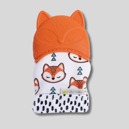 Orange fox baby teething mitt teether on light gray background. Little Gift Nook