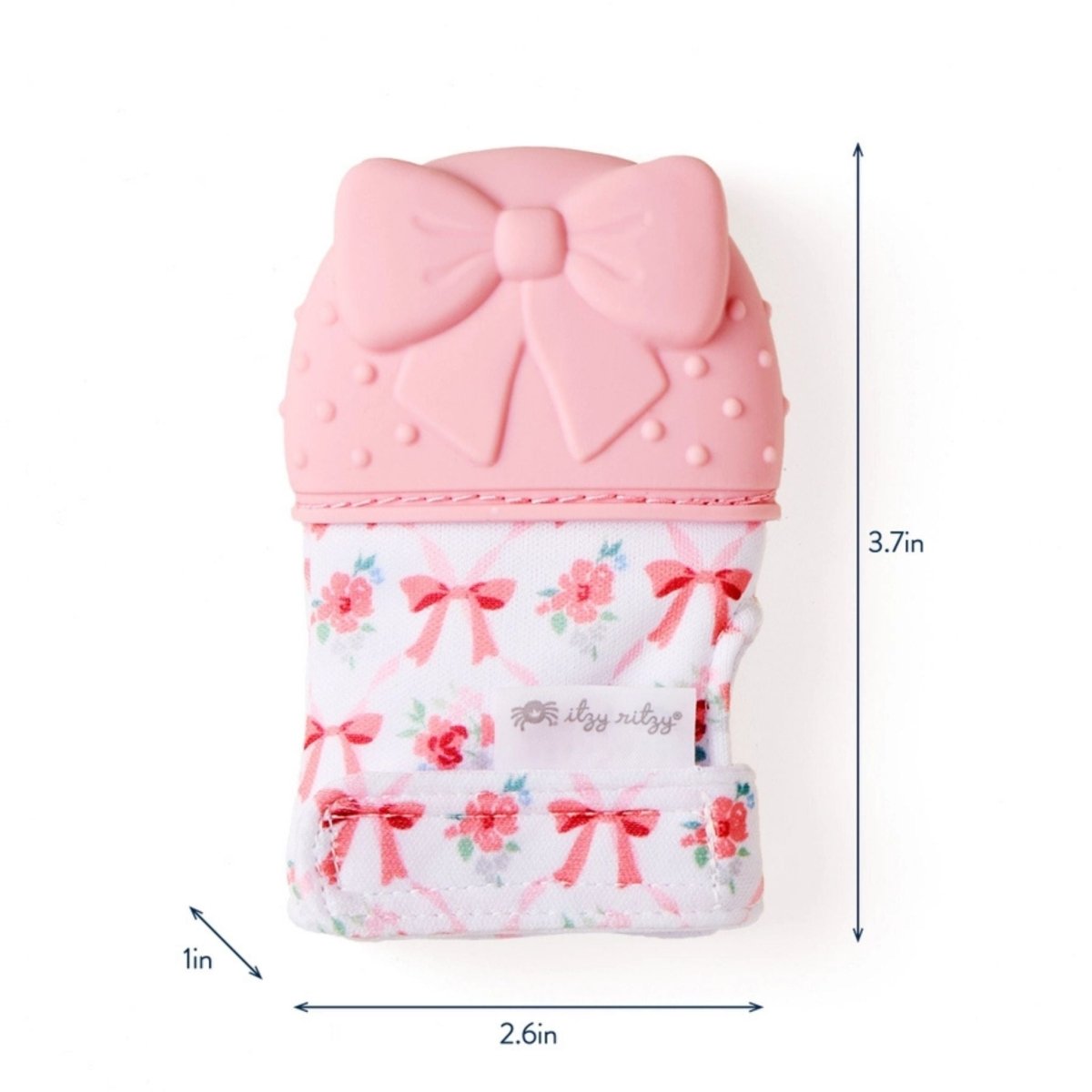Itzy Mitt wearable pink bow silicone teething mitt teether size sitting on white background.