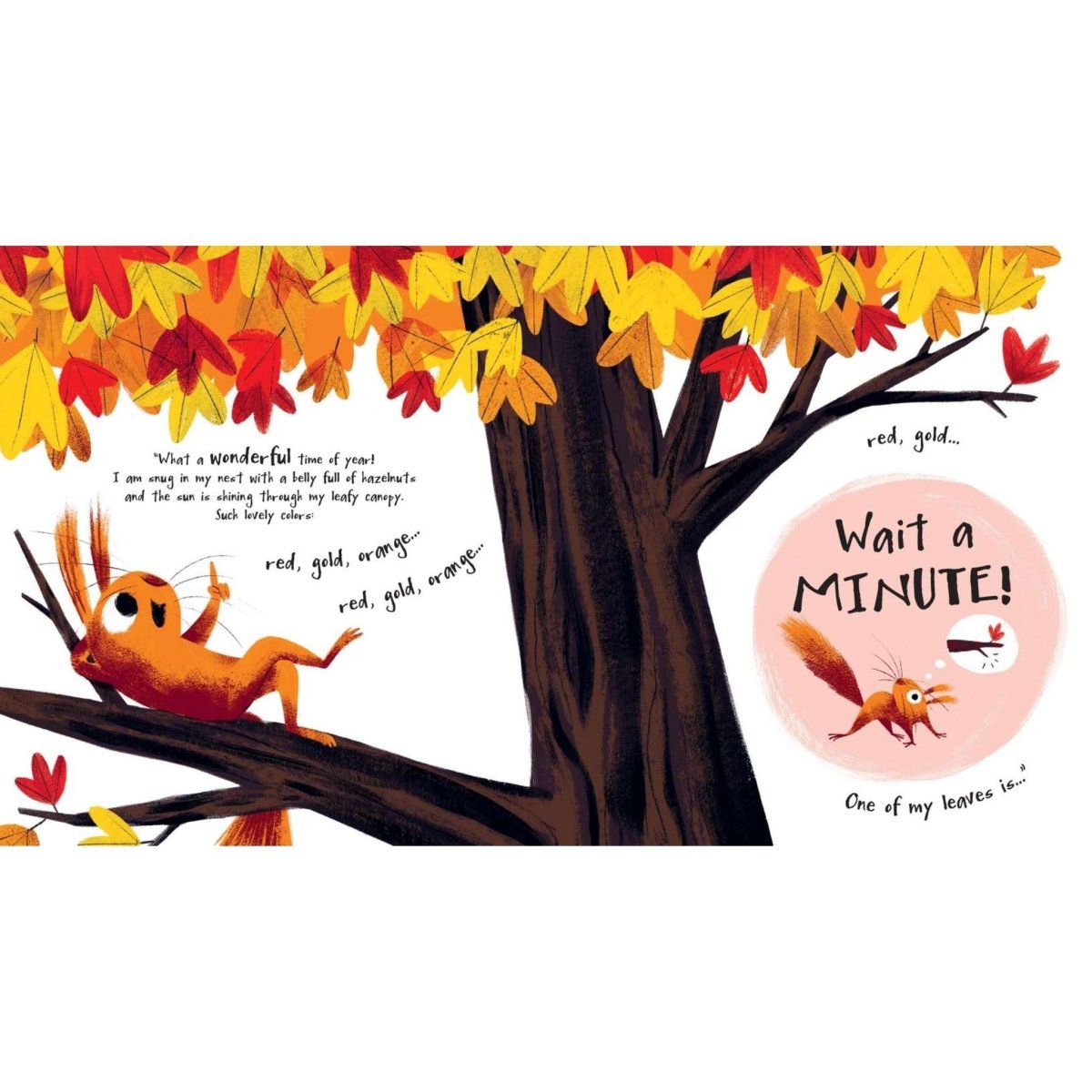 The Leaf Thief Hard Cover Book. Inside book showing squirrel finding his leaf gone. - Little Gift Nook