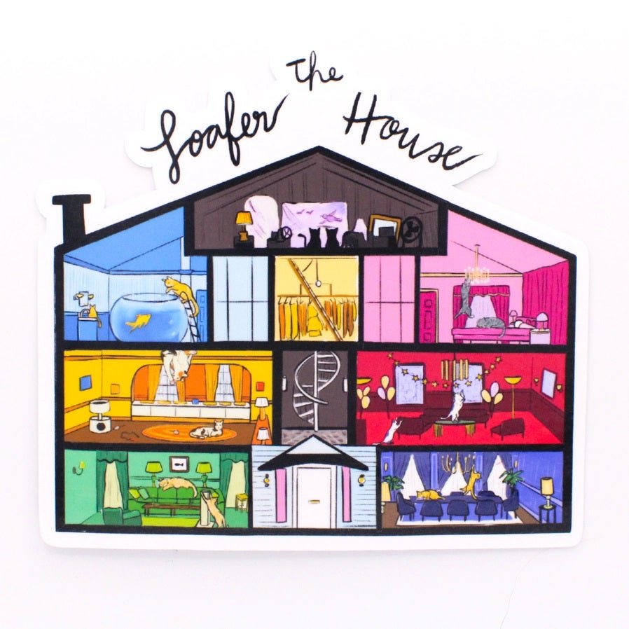 illustrated dollhouse style sticker with cats in each room "The Loafer House" with white outline on white background.