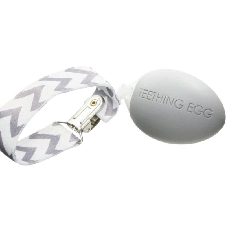 The Teething Egg Baby Teether in Gray with clip strap. Made in USA. - Little Gift Nook