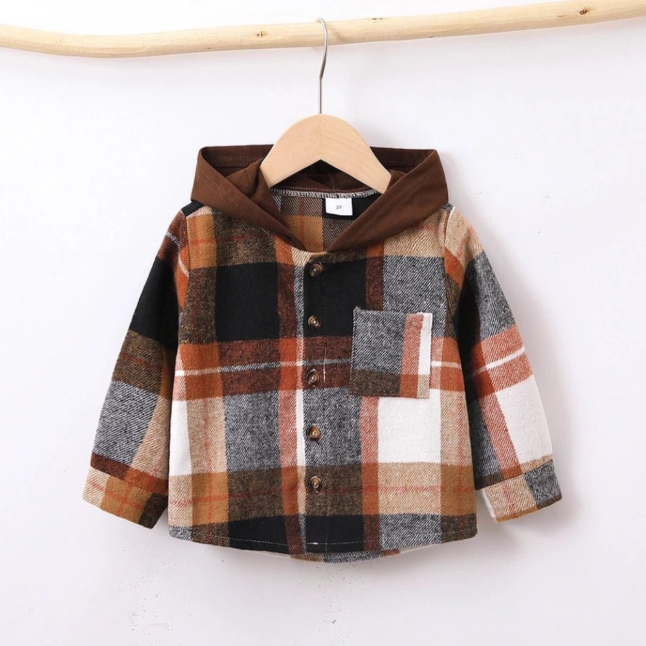 Toddler Boy Plaid Patch Pocket Button Front Jacket. Brown cotton hood. Flannel jacket. - Little Gift Nook