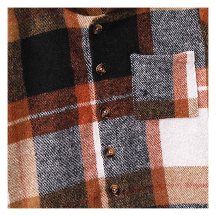 Toddler Boy Plaid Patch Pocket Button Front Jacket. Brown orange and cream colors. Flannel type jacket. - Little Gift Nook