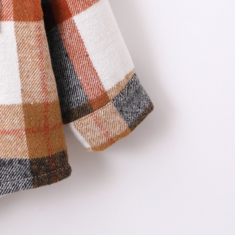 Close up of Toddler Boy Plaid Patch Pocket Button Front Jacket. Brown tan, orange plaid print. - Little Gift Nook