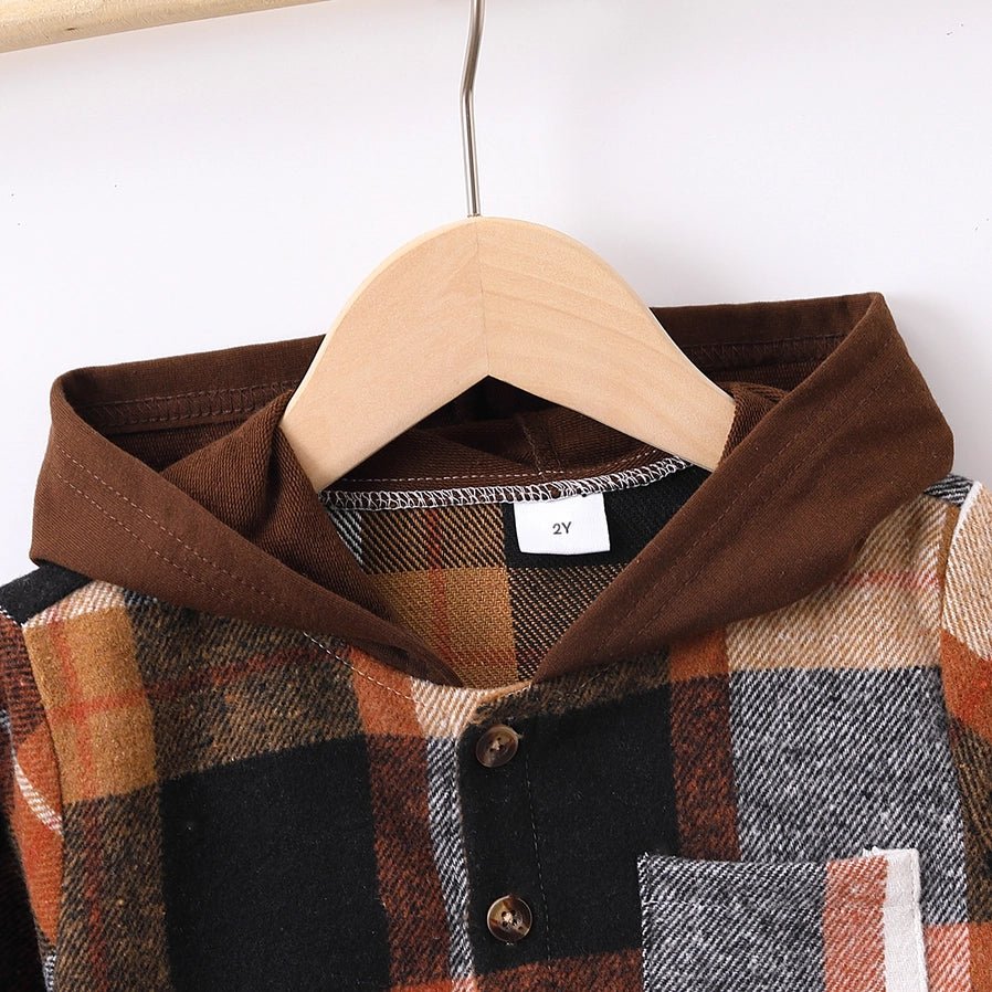 Toddler Boy Plaid Patch Pocket Button Front Jacket. brown plaid jacket with cotton brown hood. Buttons up front.- Little Gift Nook