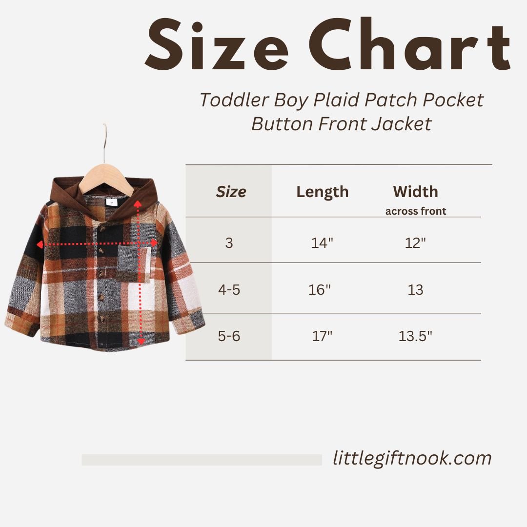 Size chart for Toddler Boy Plaid Button Fall Jacket size chart. littlegiftnook.com