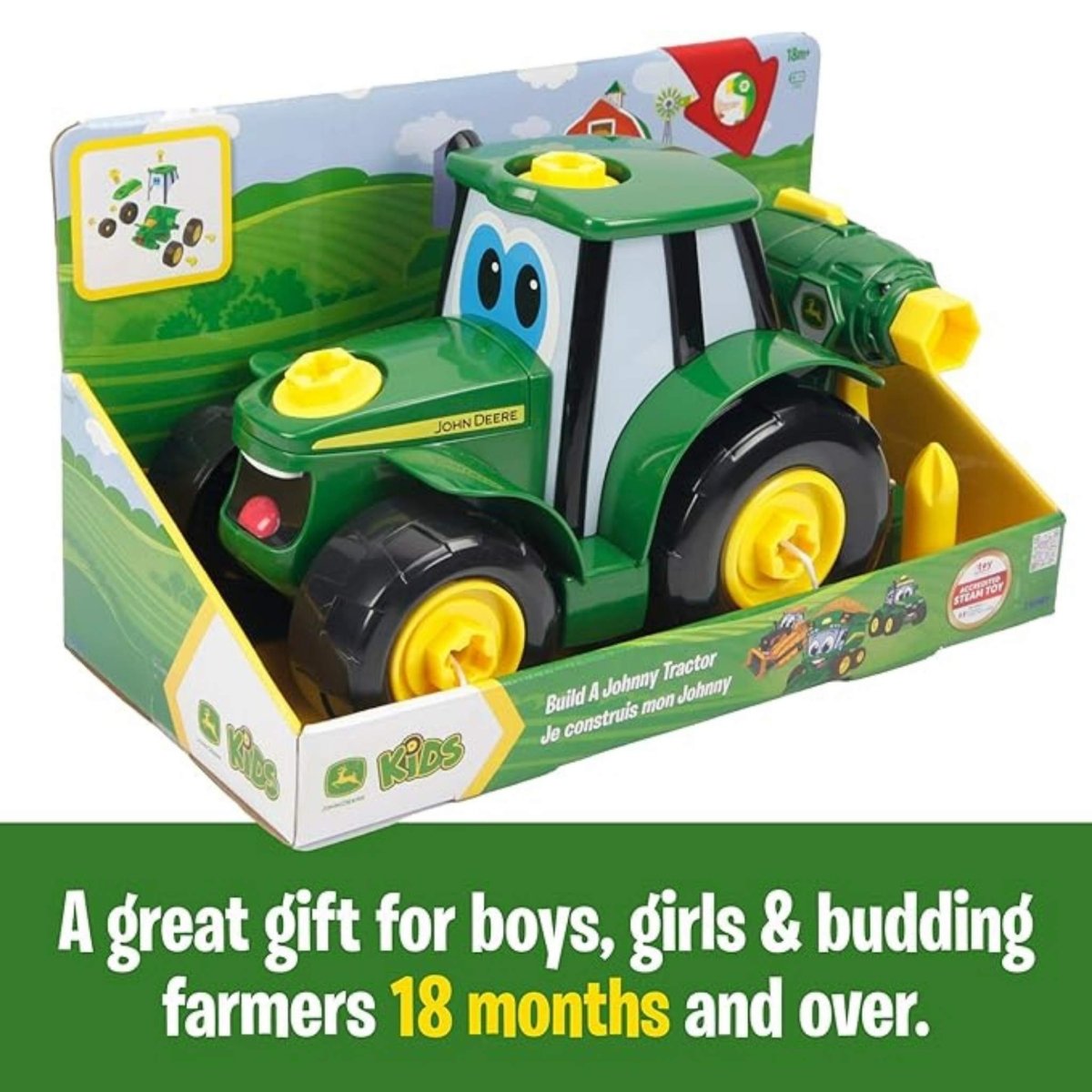 John Deere tractor toy and drill set in box by TOMY. Little Gift Nook.