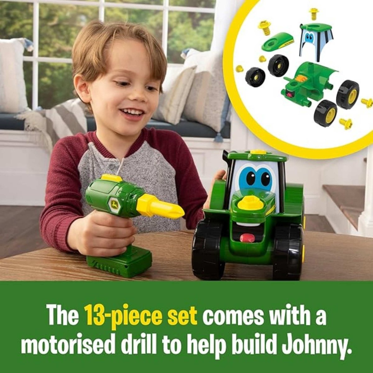 Child playing with TOMY John Deere toy tractor set and drill. Little Gift Nook