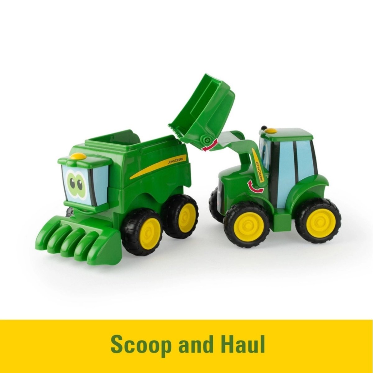 John Deere toy tractors scoop and haul 2 piece set with lift on white background.
