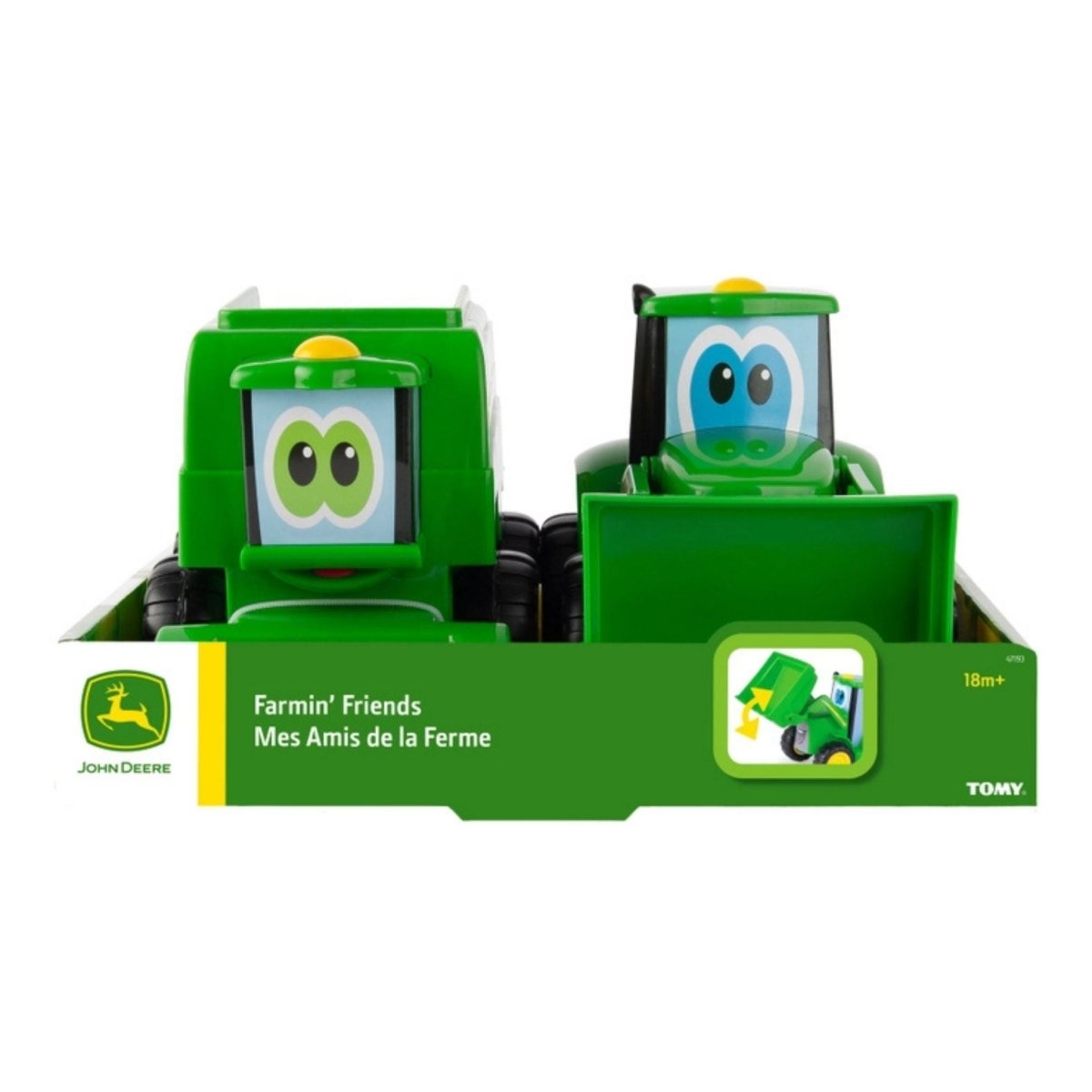 John Deere Farmin' Friends 2 piece plastic tractor vehicle set scoop and haul in box on white background.