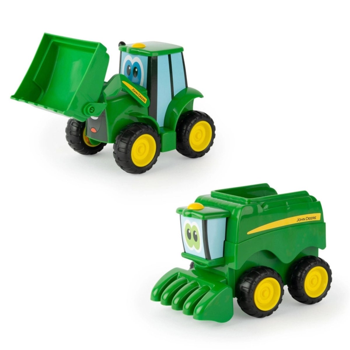 John Deere 2 pc set Scoop and Haul tractor toy vehicles sitting on white background. Little Gift Nook
