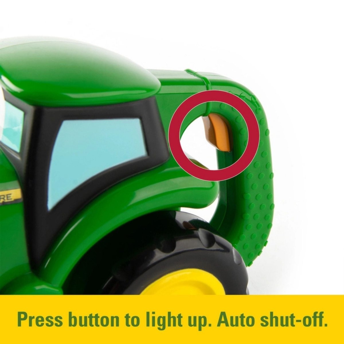 John Deere toy push tractor flashlight with button under handle and auto shut off.