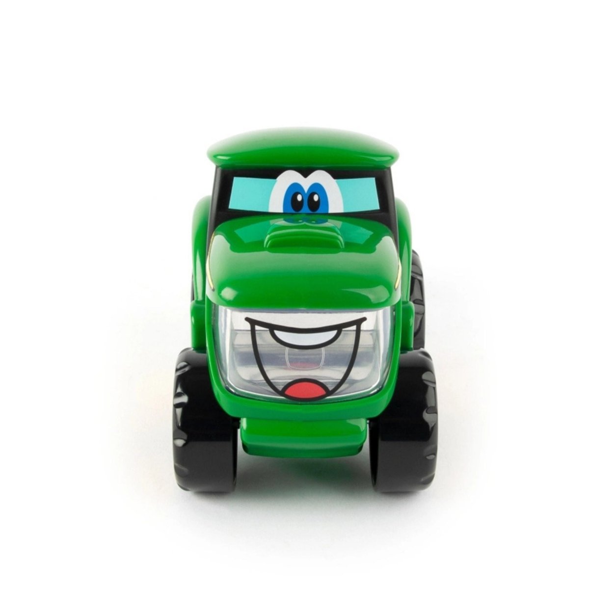 TOMY John Deere toy tractor flashlight with face on front sitting on white background.