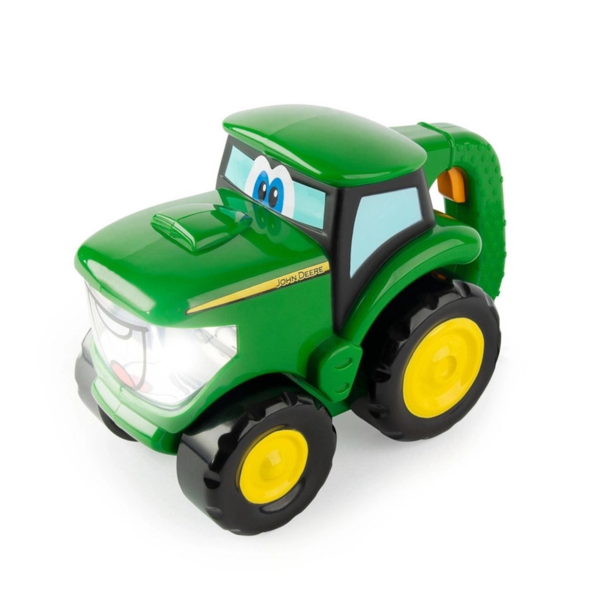 TOMY John Deere mini tractor flashlight toy sitting on white background. Little Gift Nook
