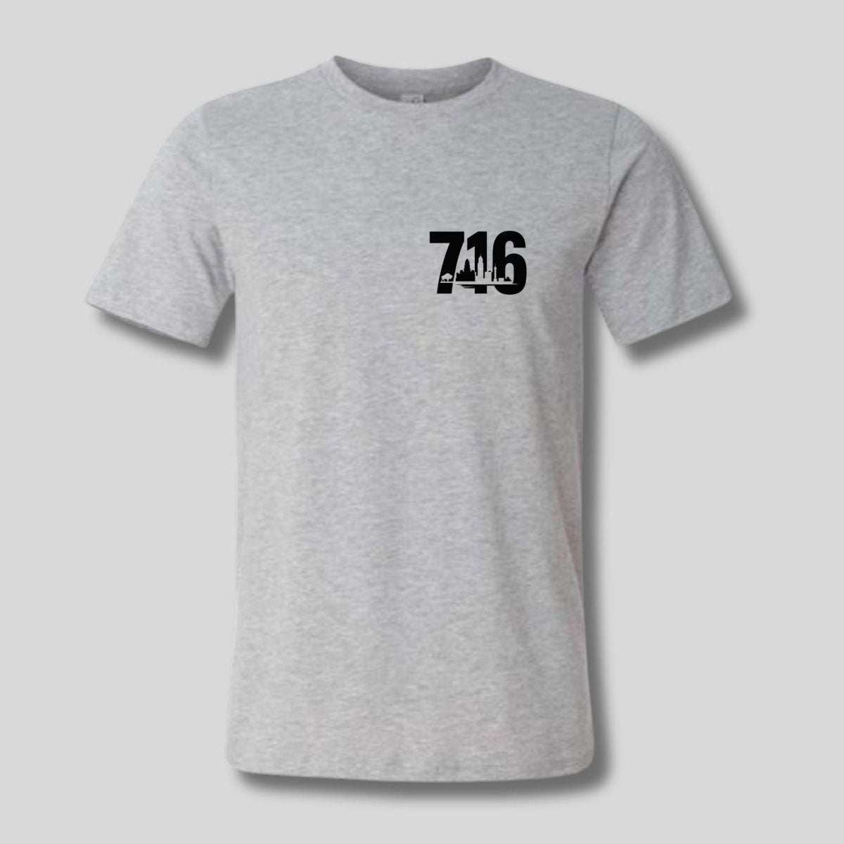 Gray t-shirt with black number '716' and city skyline and buffalo on left chest on a light gray background. Little Gift Nook