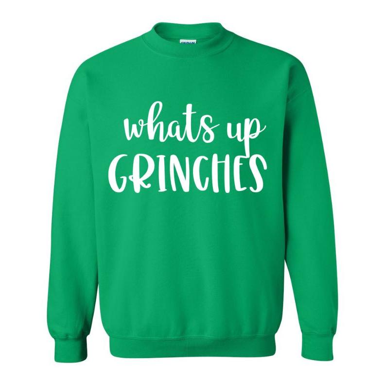 Green white "Whats up Grinches" crewneck sweatshirt sitting on white background. Little Gift Nook