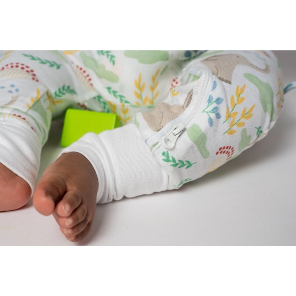 Close up of zipper and cuffs of the Grow with Me Elephant Romper Sleeper in 100% Organic Cotton - Little Gift Nook