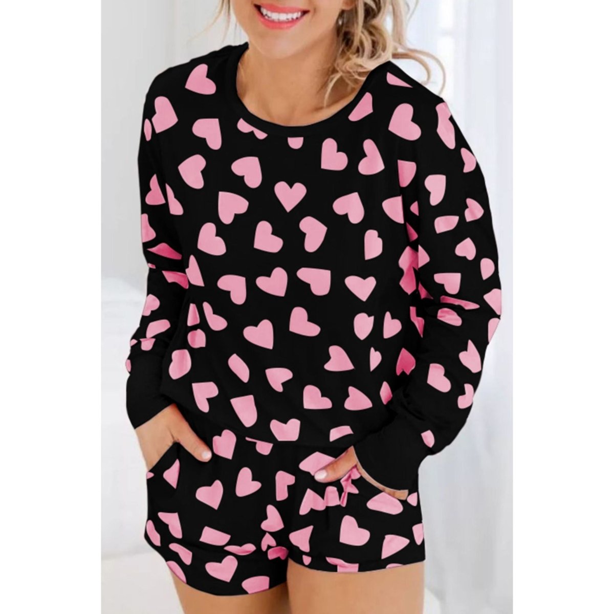 Woman wearing black pink heart print long sleeve top and short set pajamas - Little Gift Nook