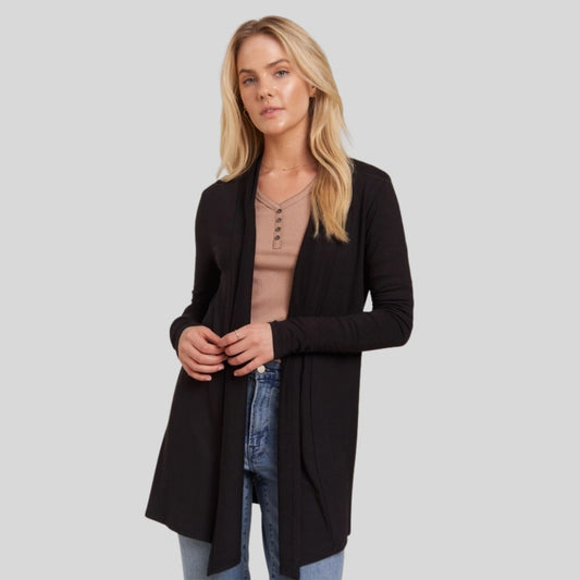Black Long-Sleeved Women's Open Cardigan. Shown on model.  - Little Gift Nook