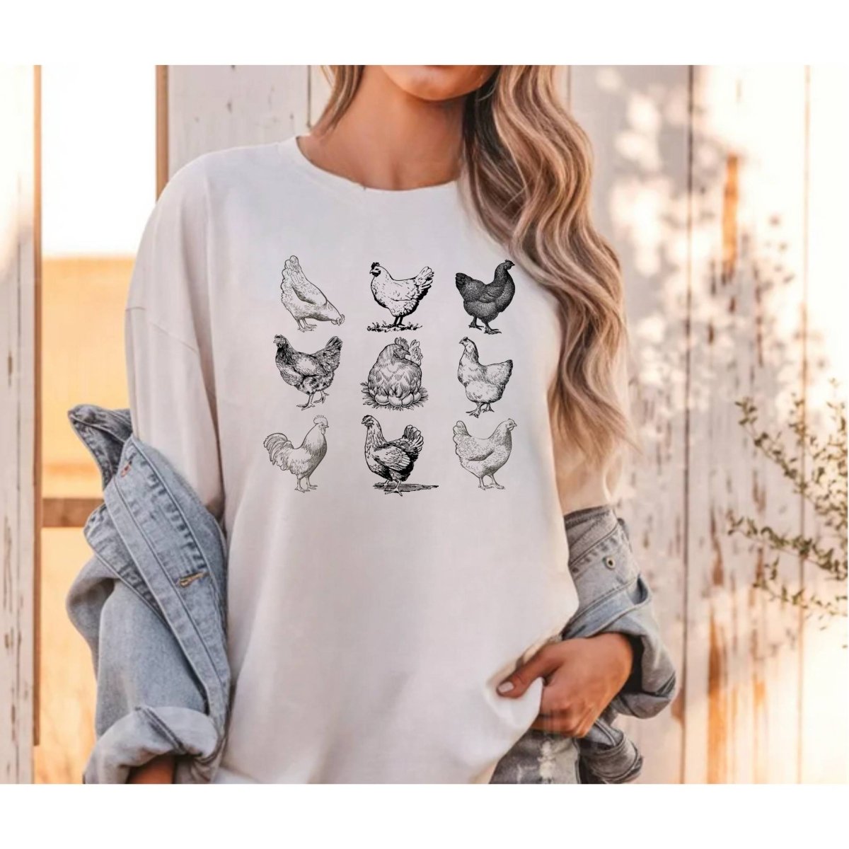 Women's Easter Chicken T-shirt in ivory with gray black chicken sketch tshirt. Farm girls tshirt. Easter t-shirt country chic. Little Gift Nook