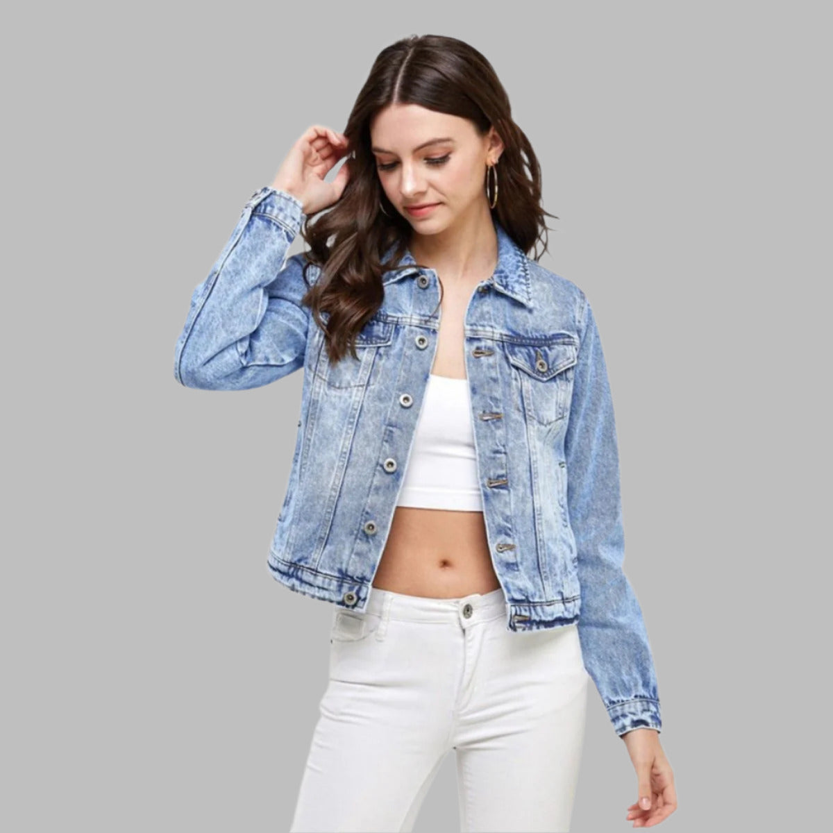 woman wearing light wash denim jacket buttons up front. - Little Gift Nook