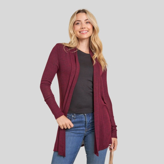 Maroon Long Sleeved Women's Open Cardigan on model.- Little Gift Nook