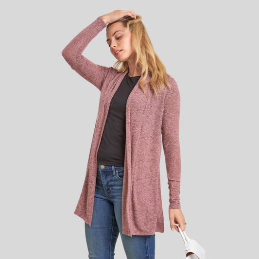 Pink Long Sleeved Women's Open Cardigan. On Model. - Little Gift Nook
