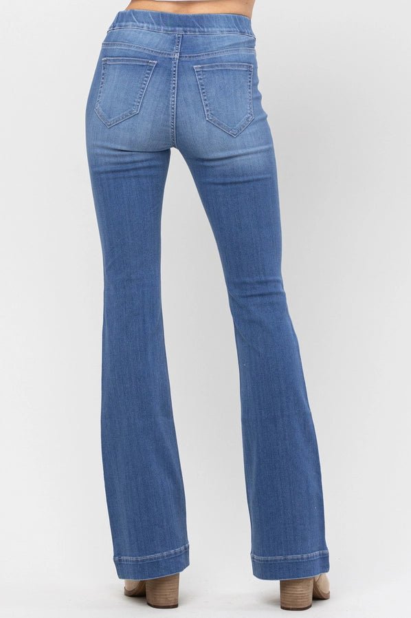 Women's Light wash Denim Pull On Flare Jeans. Stretchy and a tall fit. Back view with real working pockets. - Little Gift Nook