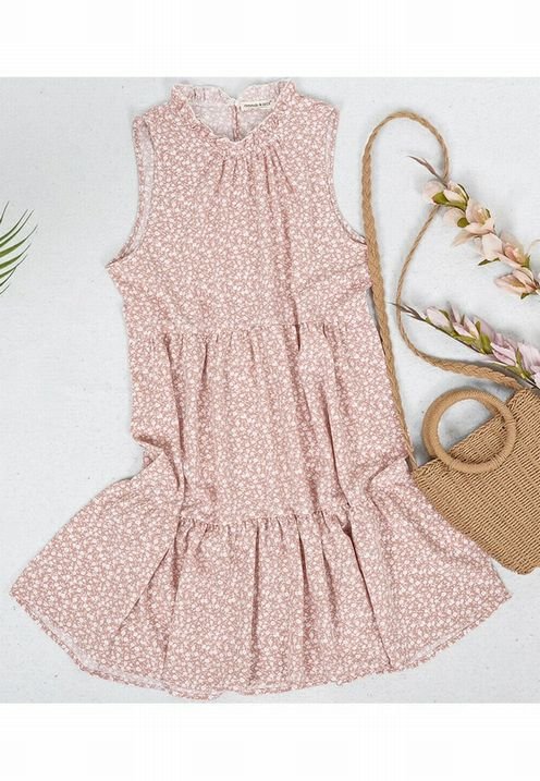 Close up of Women's Pink Floral Tier Sundress- Little Gift Nook