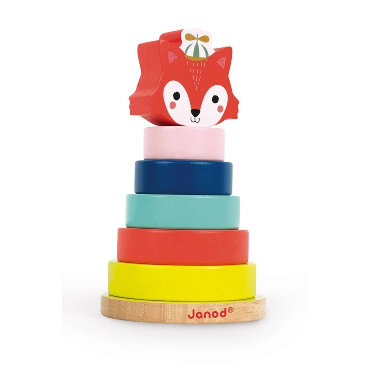 Side view of Janod wooden fox stacking rings baby toy on white background.