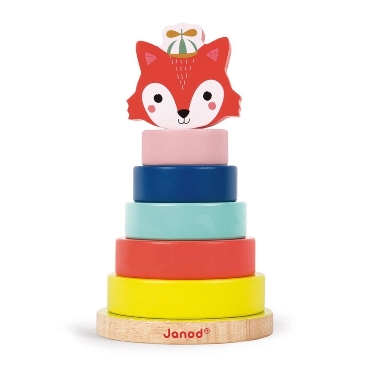 Janod wooden fox stacking rings baby toy with 5 colorful rings and fox topper face sitting on white background. Little Gift Nook