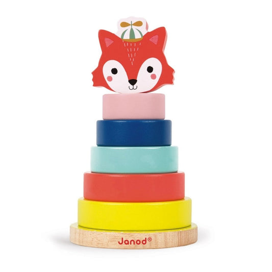 Janod wooden fox stacking rings baby toy with 5 colorful rings and fox topper face sitting on white background. Little Gift Nook