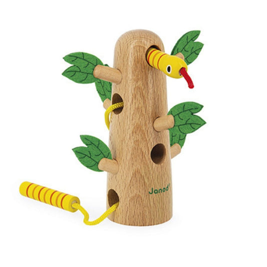 Janod Tropik Lace-Up wooden Tree  Montessori Toy with yellow double sided snake cord to lace through sitting on white background. Little Gift Nook