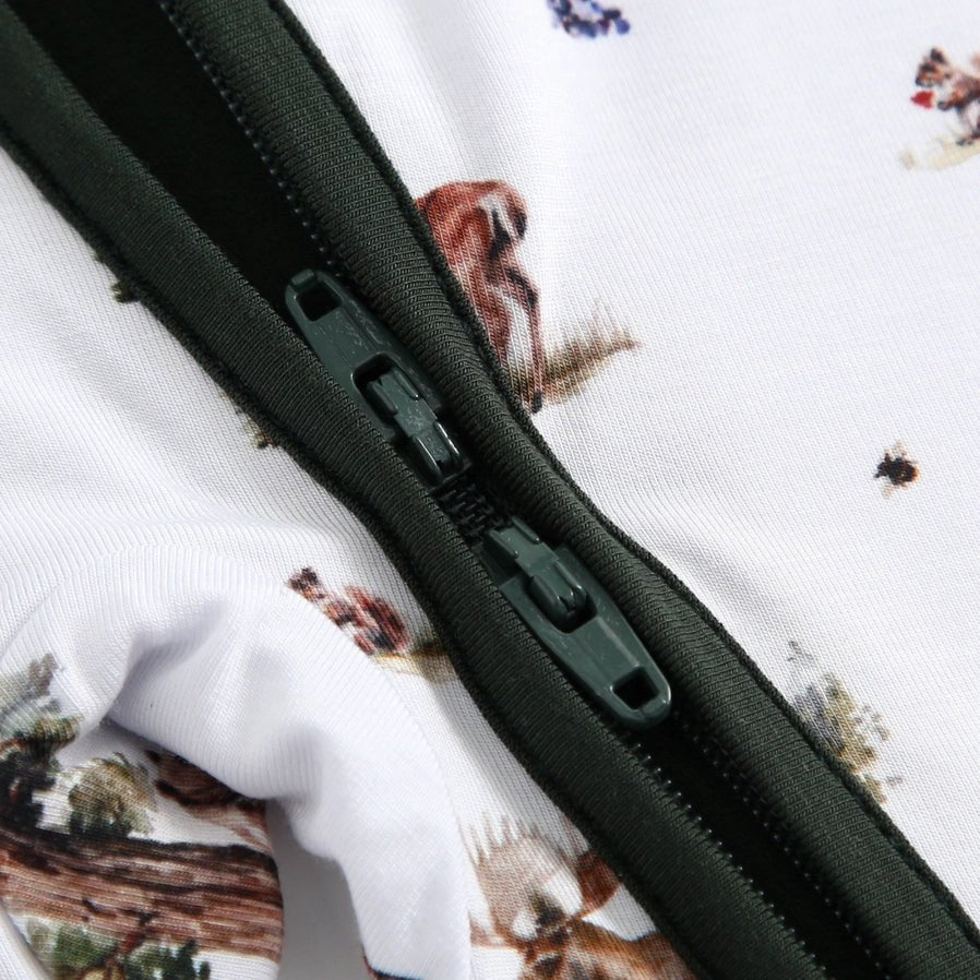 Bamboo white green baby sleeper with double zippers.