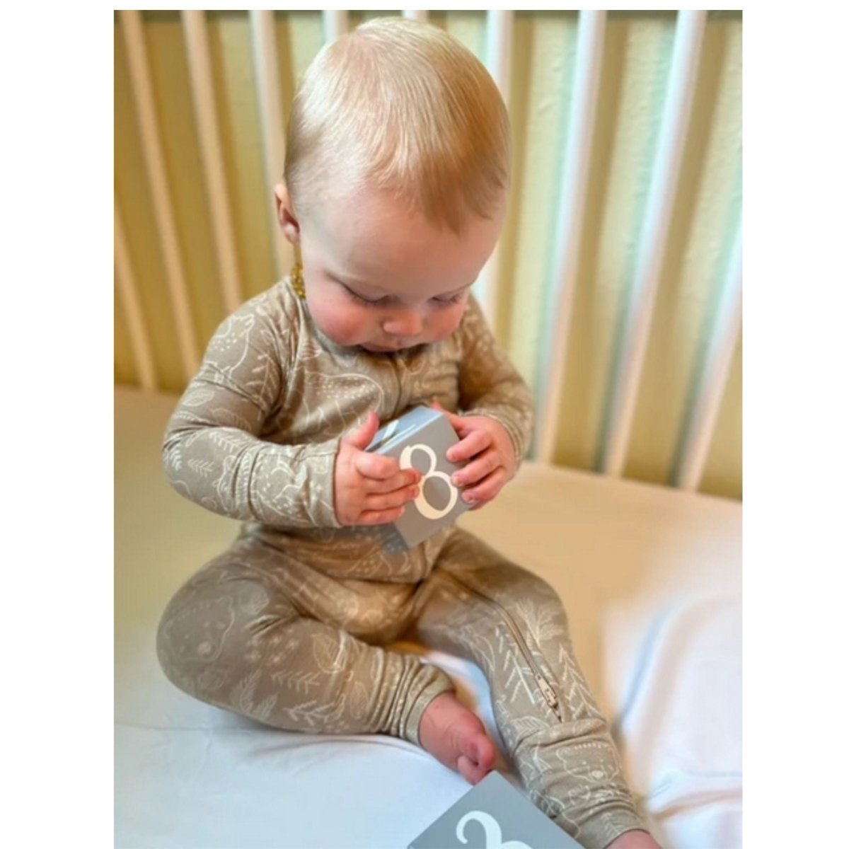 Woodland Animal Bamboo Baby Sleeper with fold over feet & hands. Sleeper on sitting baby. Super stretchy and soft. - Little Gift Nook