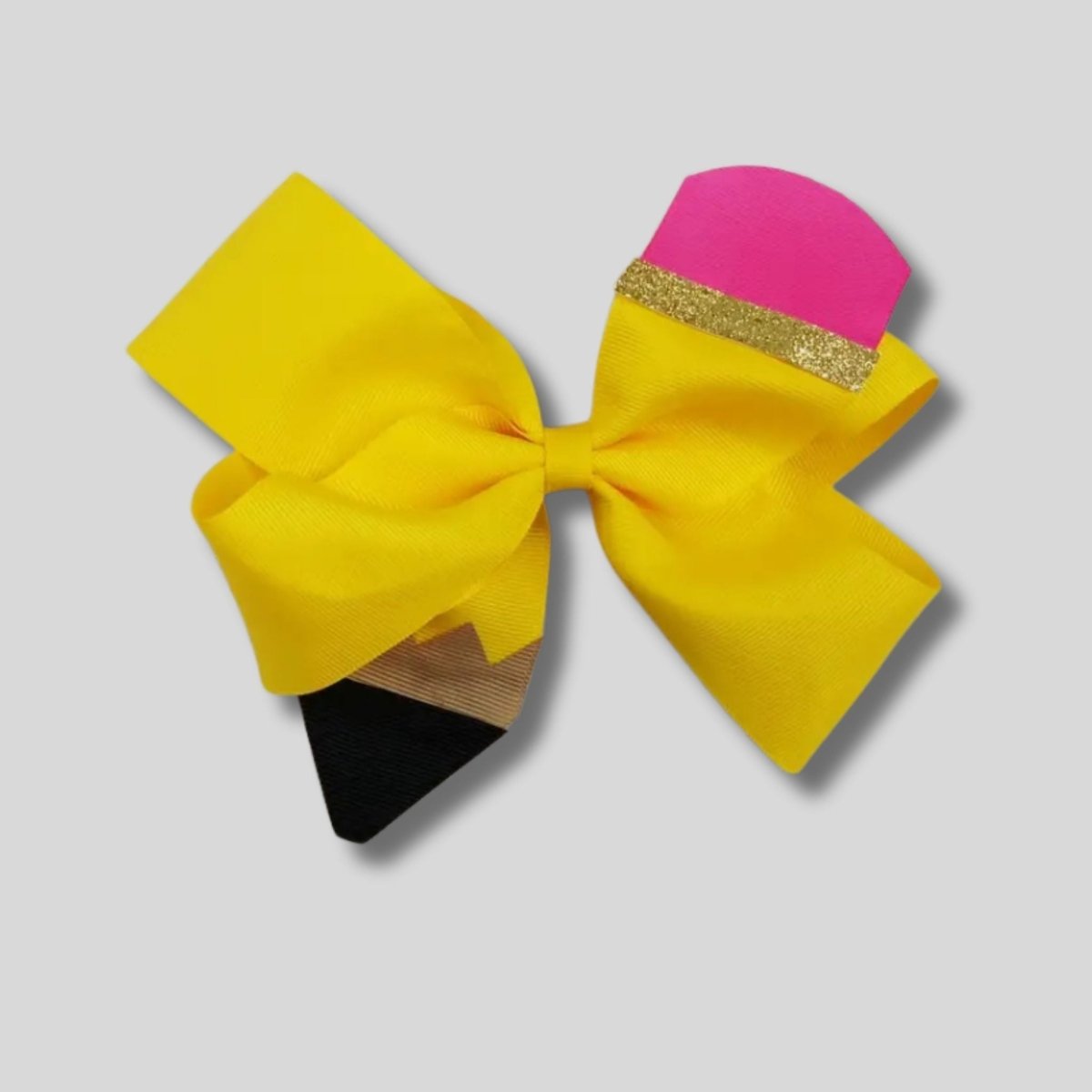 yellow, pink, and black pencil themed hair bow with alligator clip at back. Large is 6.5" small is 5". - Little Gift Nook
