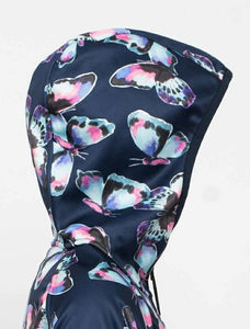Girl's Navy pink & purple Butterfly Print waterproof Raincoat hooded. Perfect for spring and rainy days.